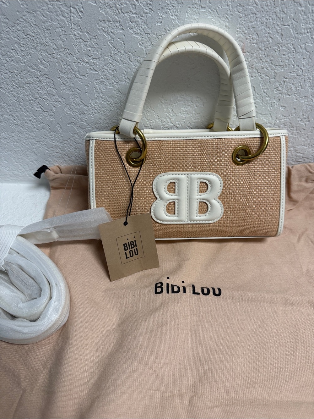 NWT Bibi Lou Raffia & White Mini Tote Bag NWT Gold Hardware Coastal Chic